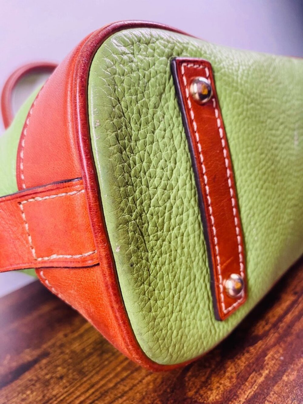 Vintage Dooney & Bourke Zip Zip Satchel Green & Brown Leather Handbag - Picture 16 of 16